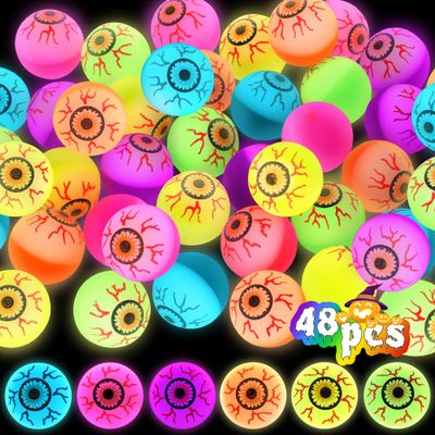 48PCS Glow in Dark Bouncy Balls, 30mm Eyeball Halloween Party Favor Toys