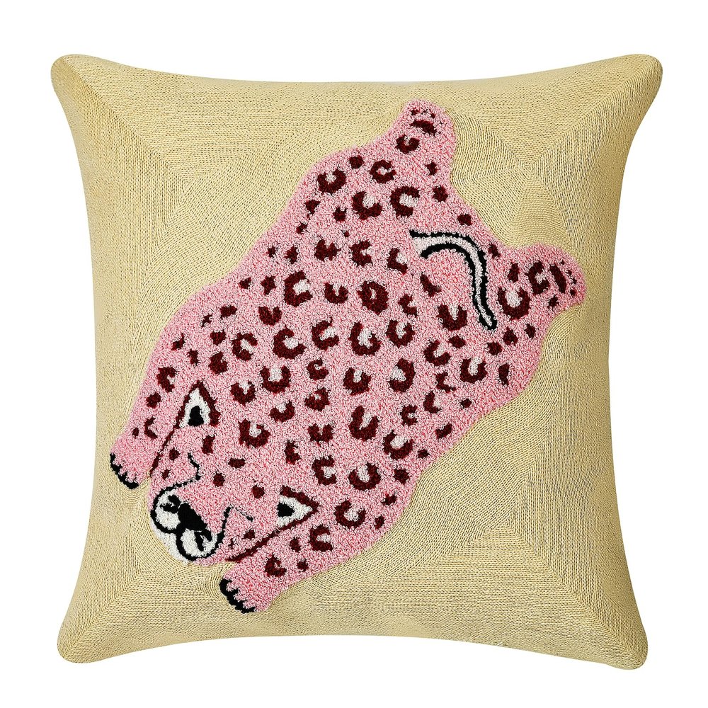 GENVER Pink Cute Leopard Embroidered Throw Pillow Covers, Animals Abstract Decor Pillowcase for Farmhouse Couch Living Room Sofa Bedroom Chair Office Shop 18 x 18 Inches