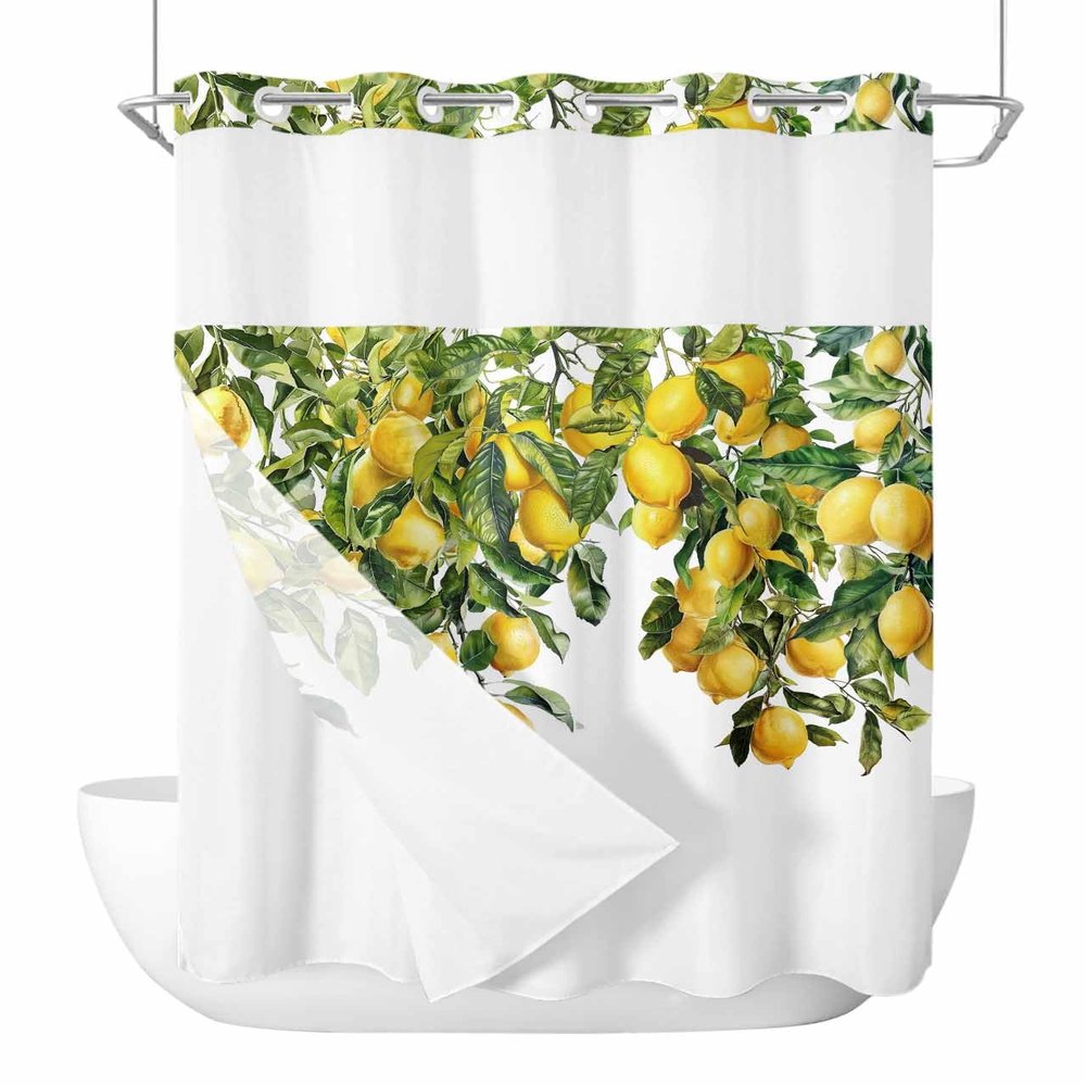 Green Lemon No Hooks Shower Curtain and Liner Set,Hotel Style Fabric Bathroom Shower Curtains Watercolor Trpical Summer Fruit White Waterproof Small Stall Bath Curtain with Sheer Window,48"x72"