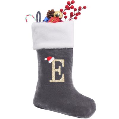 Sailup 20 Inches Monogram Christmas Stockings with Letters, Large Super Soft Christmas Stockings Grey Velvet with White Super Soft Plush Cuff for Christmas Xmas Tree Holiday Fireplace Grey