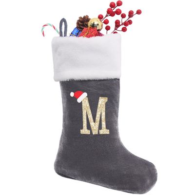 Sailup 20 Inches Monogram Christmas Stockings with Letters, Large Super Soft Christmas Stockings Grey Velvet with White Super Soft Plush Cuff for Christmas Xmas Tree Holiday Fireplace Grey