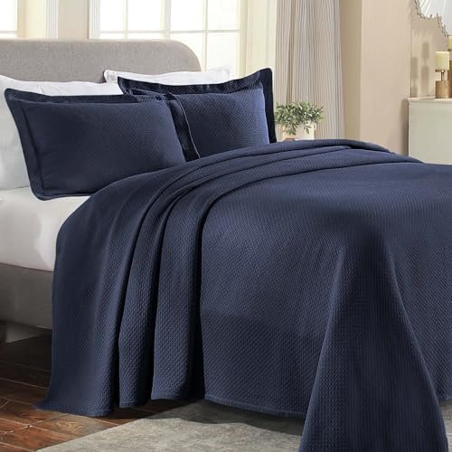SUPERIOR Solitaire Cotton Bedspread Quilt Set, Twin, Navy Blue - Z
