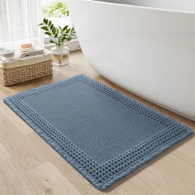RESARE Waffle Bath Rug for Bath, Super Absorbent Non Slip Machine Washable, Ultra Soft Boho Rug with Tassels, Upgraded Design, 18"x30" Blue