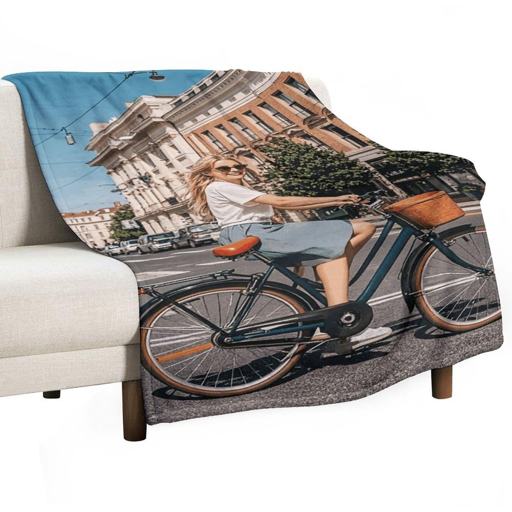 LFDSPYJE Throw Blanket Flannel Fleece Blankets Lady on A Bicycle in The Street Bed Throws Thick Blankets Large Bed Blankets Lightweight Fuzzy Plush Blanket for Couch, Bed, Sofa, Chair 30"x50"