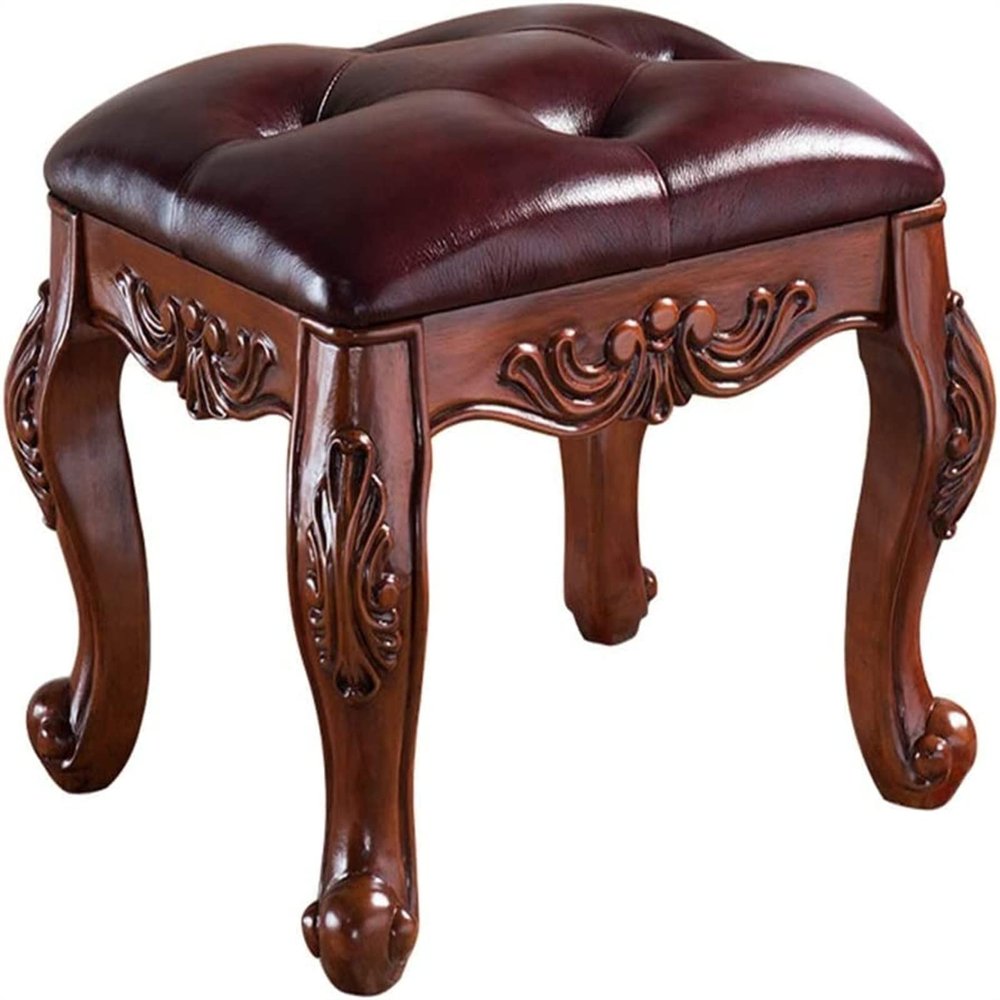 HAOKAZLBR Vanity Stool Bedroom Vanity Chair Upholstered Seat Benches Vanity Household Carved Makeup Stool Bedroom Dressing Bench Porch Shoe Changing Stool Leather Small Stool (48x40x45cm)