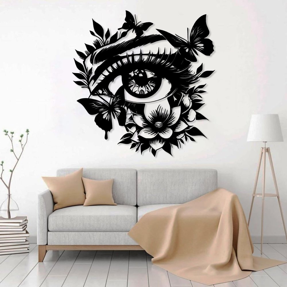 Idadey Metal Eye Wall Art, Eye Wall Art Decor, Metal Butterfly Wall Decor, Butterfly Metal Wall Art, Flower Wall Decor, Metal Flowers Wall Decor, Wall Decor for Bedroom (Black, 23x24in|59x60cm)