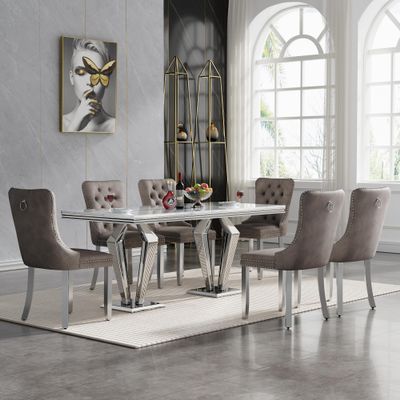 68" White Marble Dining Table Set for 6, 7 Piece Silver Kitchen Dining Room Table Set and 6 Velvet Upholstered Dining Chairs w/Nailhead Trim,Modern Faux Marble Dining Table and Chairs for Dining Room