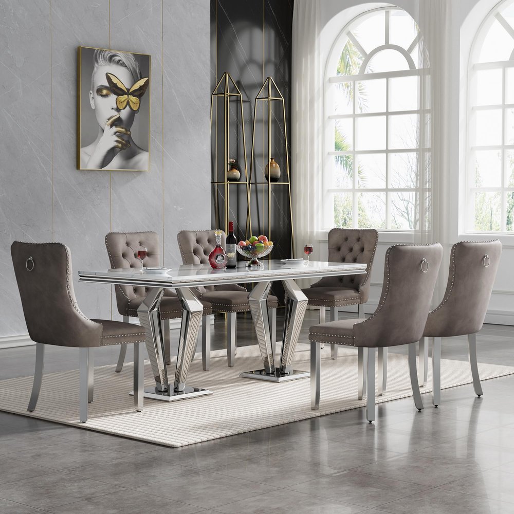 68" White Marble Dining Table Set for 6, 7 Piece Silver Kitchen Dining Room Table Set and 6 Velvet Upholstered Dining Chairs w/Nailhead Trim,Modern Faux Marble Dining Table and Chairs for Dining Room