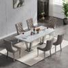 68" White Marble Dining Table Set for 6, 7 Piece Silver Kitchen Dining Room Table Set and 6 Velvet Upholstered Dining Chairs w/Nailhead Trim,Modern Faux Marble Dining Table and Chairs for Dining Room view 2