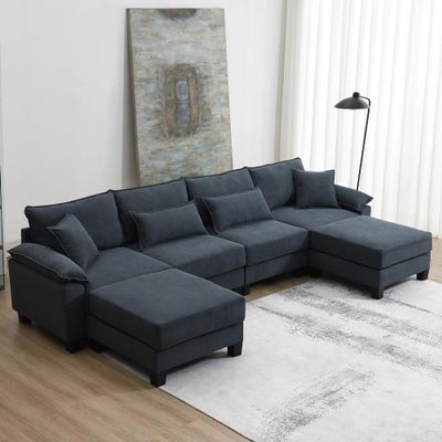 Brabrety Wide Seat Corduroy Modular Sectional Sofa Bed,Sleeper Couch Set with Armrest Pillow,6 Seat Free Combination Sofa with Ottomans,Oversized Indoor Furniture for Living Room, 2 Colors (Gray@016)