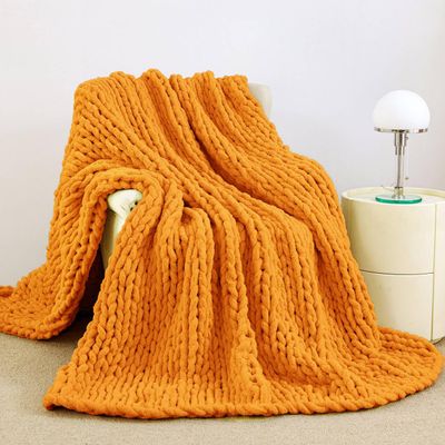Admitrack Chunky Knit Blanket Throw, 100% Hand Knit Chenille Throw Blanket for Sofa & Home Decor, Soft and Cozy Knitted Throw Blankets (Orange, 51"x63")
