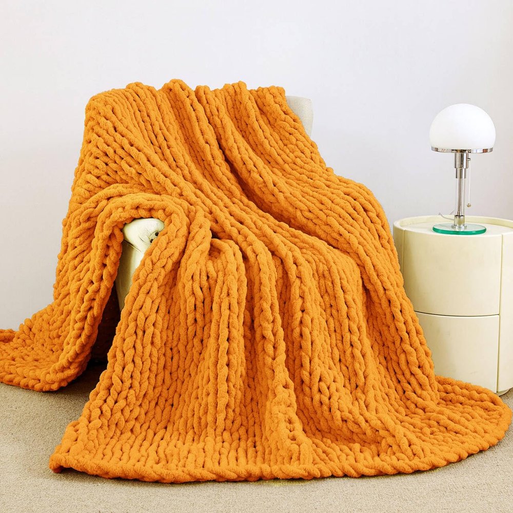 Admitrack Chunky Knit Blanket Throw, 100% Hand Knit Chenille Throw Blanket for Sofa & Home Decor, Soft and Cozy Knitted Throw Blankets (Orange, 51"x63")