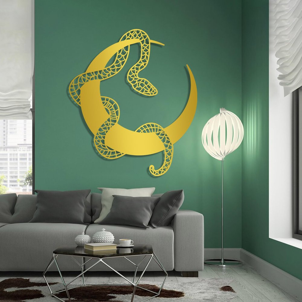 Aportif Snake and Moon Metal Wall Art, Moon Wall Decor, Snake Metal Wall Decor, Witchy Artwork, Boho Decorations, Bathroom Wall Art (Gold, 19"x21" | 47x54cm)
