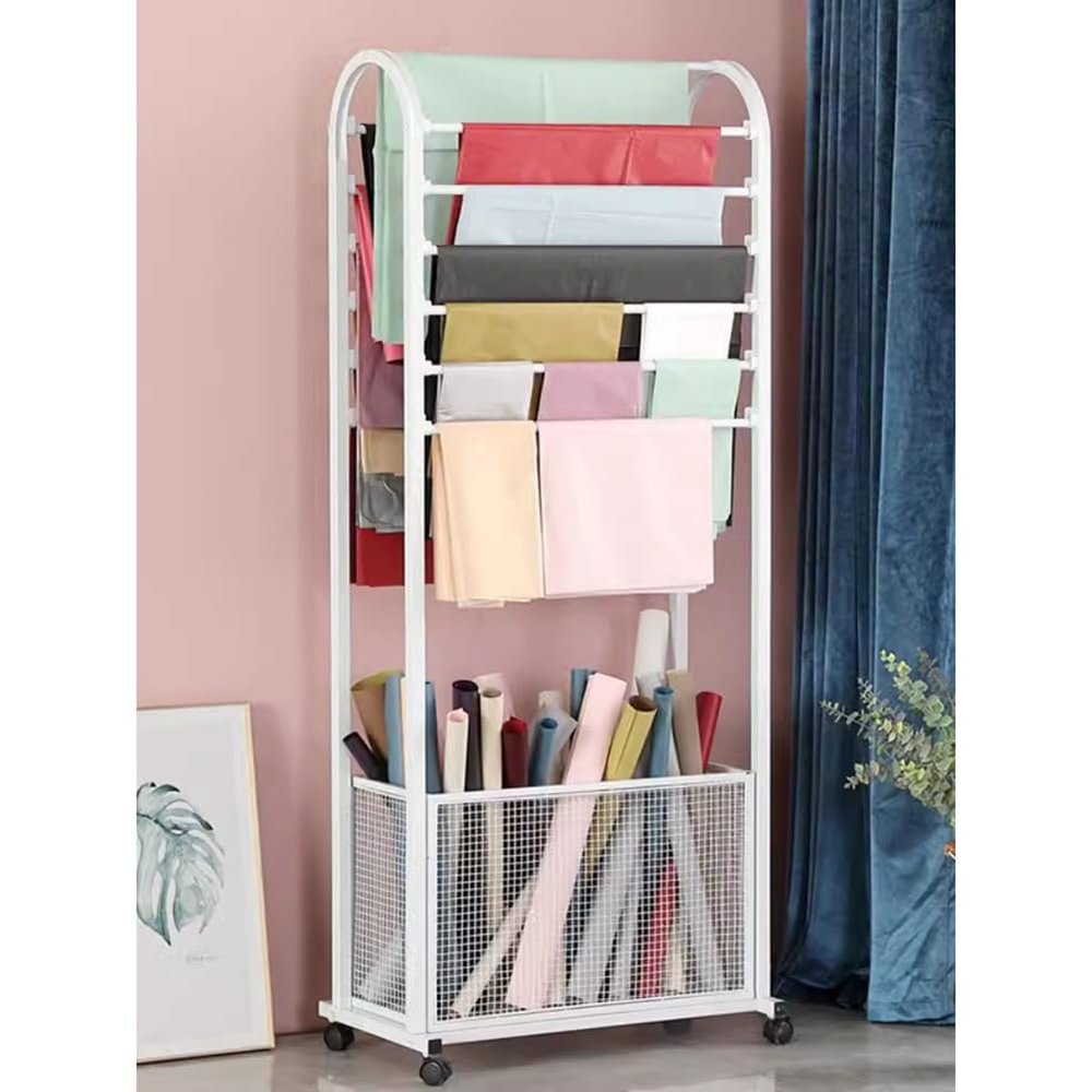 Zfmnoyev Large Metal Ribbon Rack with Wheels, 140cm Tall Scarf Ribbon Satin Rack, Roll Storage/Gift Warp Paper Organizer Holder, Spools Dispenser Movable Cart(White,100x30x140cm)