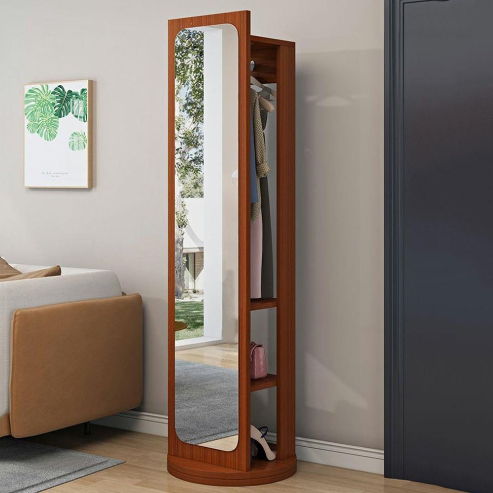 360 Swivel Floor Large Mirror 59x11IN Full Length Mirror, Wood Full Body Mirrors with Coat Rack for Living Room, Bedroom, Cloakroom (Red Walnut Colour)