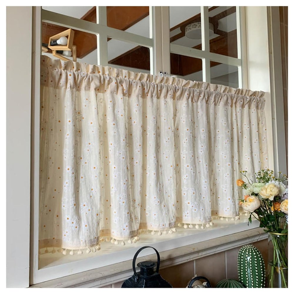 AYHARYLH Cotton Linen Kitchen Curtains Sets, Sheer White Curtains Short Black Out Curtain Petit Rideau Occultant Cantonnires Small Valance Curtains for Living Room Bathroom Farmhouse.(W140*H50cm)