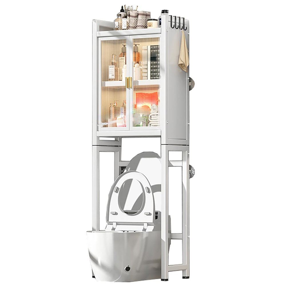CUPKEE Over Toilet Storage with Doors, Multifunctional Toilet Shelf Space Saver with Cabinet, Space Saver Toilet Rack with 4 Hooks Laundry Organizer,White,3 Tier