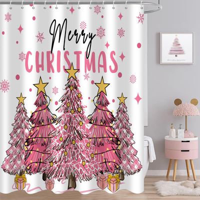 Caheansi Merry Christmas Shower Curtain, Pink Buffalo Check Plaid Xmas Tree Winter New Year Holiday Bathroom Curtain Waterproof Fabric Machine Washable with Hooks, 72" Wx78 L