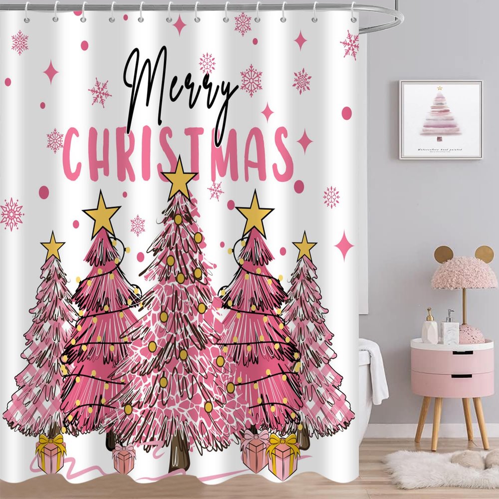 Caheansi Merry Christmas Shower Curtain, Pink Buffalo Check Plaid Xmas Tree Winter New Year Holiday Bathroom Curtain Waterproof Fabric Machine Washable with Hooks, 72" Wx78 L