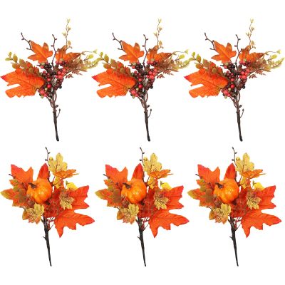 CYYZB 6 PCS Artificial Maple Leaf Pumpkin Branches,Fall Floral Stems Set,Maple Squash Cuttings Fall Decoration,Berry Branch Harvest Decoration,Berry Maple Leaves Branch for Home