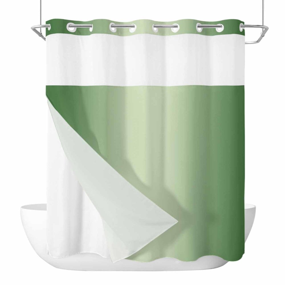 Anzona No Hook Shower Curtains, Forest Green Ombre Standard Bathroom Curtains with Snap in Liner, Rustic Green Color Gradient Waterproof Washable Fabric Bathroom Shower Curtain Sets, 60" x 72"