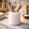 4x4x4" Natural Alabaster Stone Scalloped Tumbler Holder  Indoor planter, Bathroom Toothbrush Cup, Makeup Brush Organizer, Kitchen Utensil Holder & Office Stationery Cup  Handcrafted Luxury Decor view 4