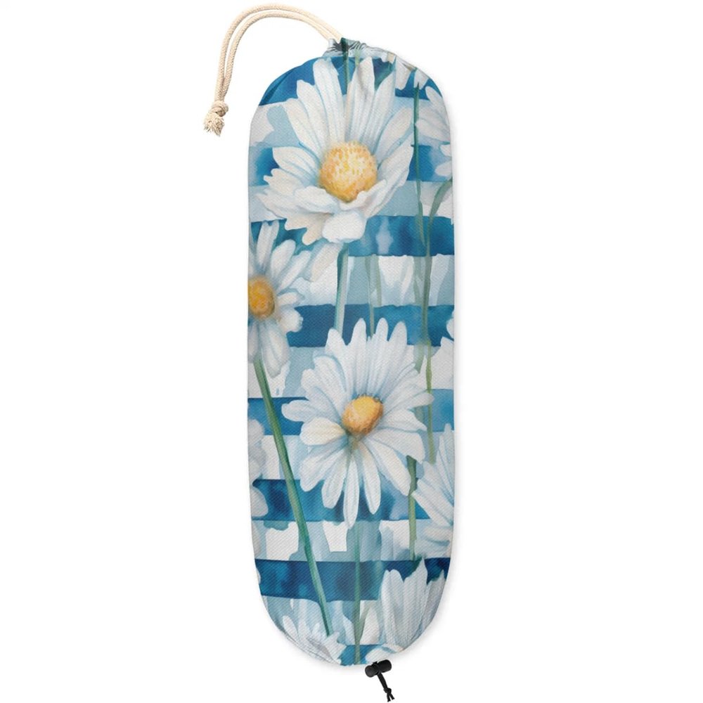 Sabokido Plastic Bag Holder, White Daisy Blue Stripes Washable Grocery Bag Storage Dispenser Reusable Hanging Shopping Bags Carrier Wall Mount Plastic Bag Organizer for Home Kitchen Decor