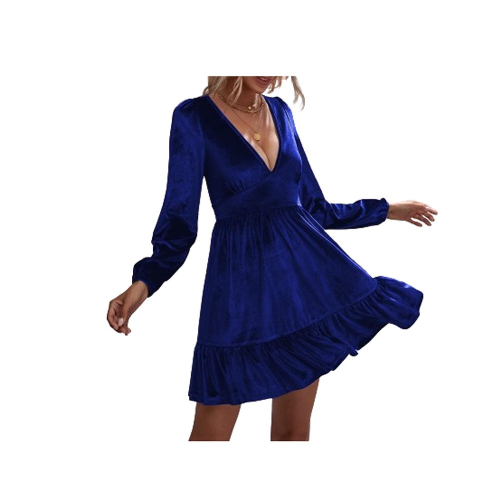 OLKWDAF5 Vestido Women Deep V Cut Long Puff Sleeve Velvet Ruffle Mini Party Dress Loose Flowy Swing Short Dresses Beach