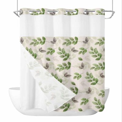 Anzona No Hook Shower Curtains, Grass Green Leaves Standard Bathroom Curtains with Snap in Liner, Fall Eucalyptus Leaves Burlap Waterproof Washable Fabric Bathroom Shower Curtain Sets, 60" x 72"
