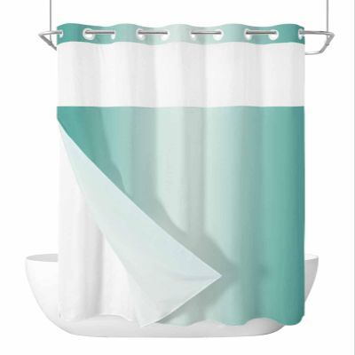 Anzona No Hook Shower Curtains, Turquoise Ombre Stall Bathroom Curtain with Snap in Liner, Farmhouse Teal Color Gradient Waterproof Washable Fabric Bathroom Shower Curtain Sets, 48" x 72"