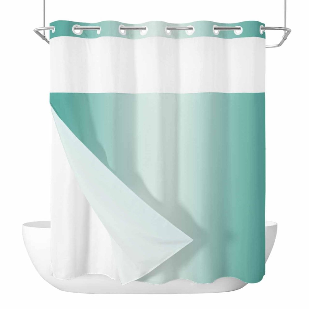 Anzona No Hook Shower Curtains, Turquoise Ombre Stall Bathroom Curtain with Snap in Liner, Farmhouse Teal Color Gradient Waterproof Washable Fabric Bathroom Shower Curtain Sets, 48" x 72"