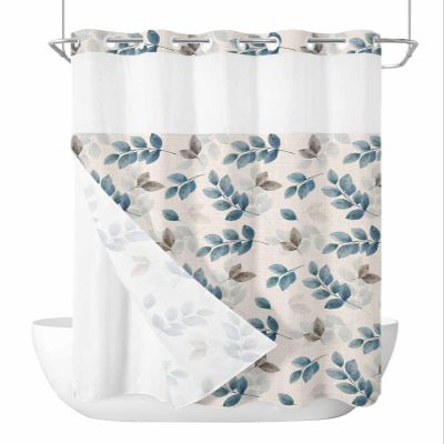 Anzona No Hook Shower Curtains, Lake Blue Leaves Standard Bathroom Curtains with Snap in Liner, Fall Eucalyptus Leaves Burlap Waterproof Washable Fabric Bathroom Shower Curtain Sets, 60" x 72"