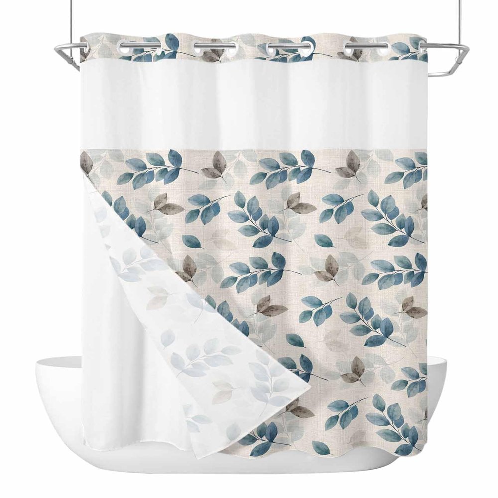 Anzona No Hook Shower Curtains, Lake Blue Leaves Standard Bathroom Curtains with Snap in Liner, Fall Eucalyptus Leaves Burlap Waterproof Washable Fabric Bathroom Shower Curtain Sets, 60" x 72"