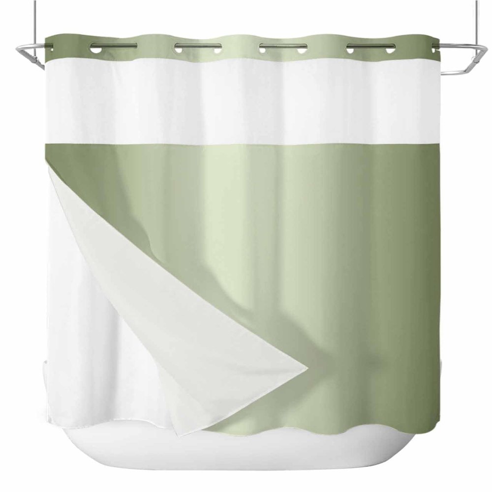 Anzona No Hook Shower Curtains, Sage Green Ombre Long Bathtub Curtains with Snap in Liner, Farmhouse Green Color Gradient Waterproof Washable Fabric Bathroom Shower Curtain Sets, 72" x 78"