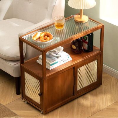 WEIDPHL Brown, Imitation Rattan Nightstand, Three-Sided Door Modern Bedside Table, Wooden Sofa End Table with Storage for Small Space, Side Table for Small Space Living Room Bedroom