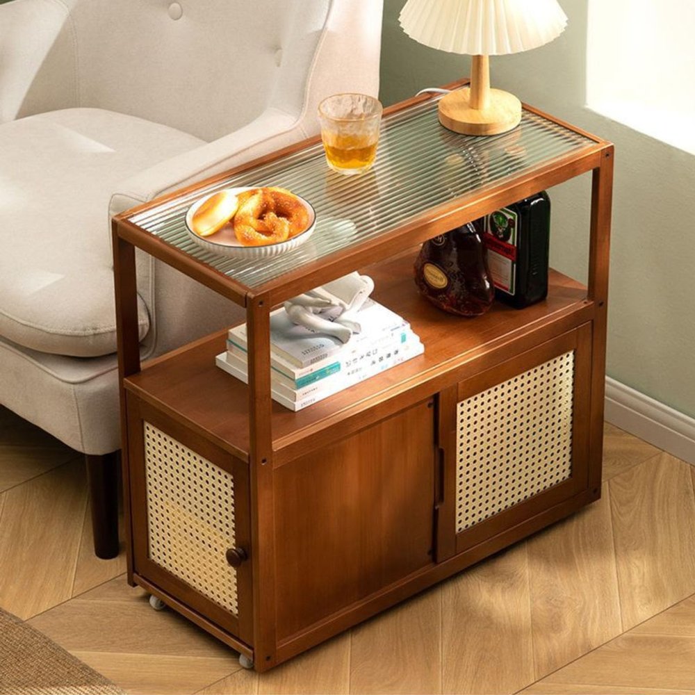 WEIDPHL Brown, Imitation Rattan Nightstand, Three-Sided Door Modern Bedside Table, Wooden Sofa End Table with Storage for Small Space, Side Table for Small Space Living Room Bedroom