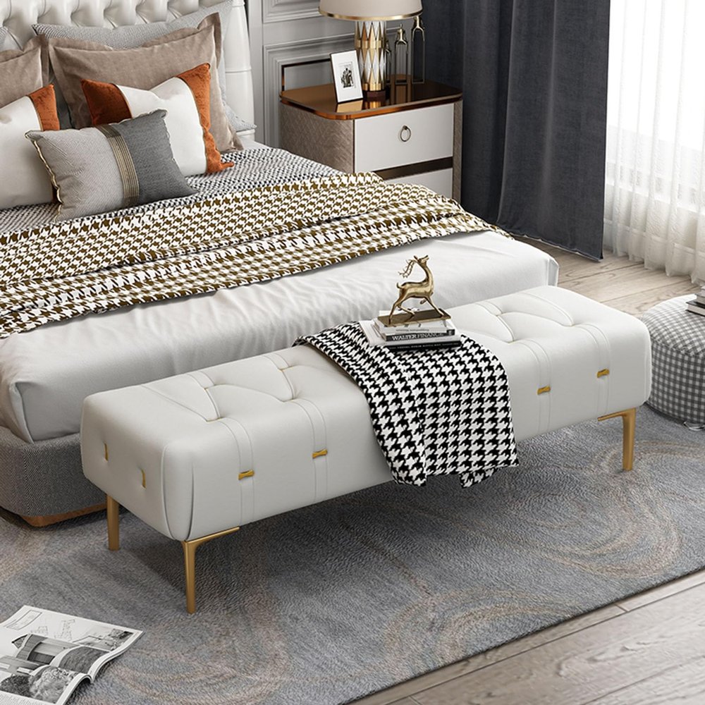 GEeLky Modern Tufted Ottoman Bench PU Leather Bench Upholstered Footrest Accent Bench for Living Room with Gold Metal Legs, Bed Bench for Bedroom End of Bed, Entryway Bench(Light Gray,100x40x43cm)