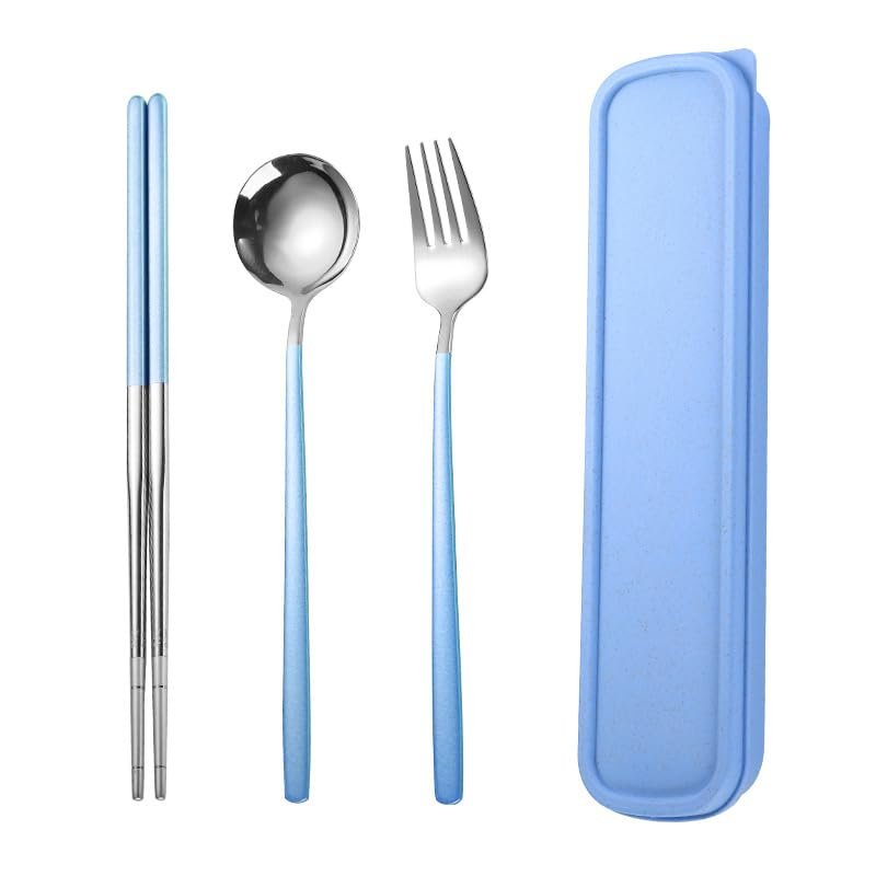 SEELLODGE Silverware Flatware Cutlery Set, 304 Stainless Steel Fork Round Spoon Chopsticks Convenient Set 3-piece Creative Student Office Worker Portable Tableware Gift(Blue Silver,6Set)