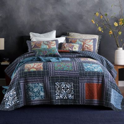 MaiuFun King Quilt Sets, 100% Cotton Quilts King Size, Navy Bedspreads, Patchwork with Retro Paisley Patterns, 3-Piece Lightweight Bedding Coverlet for All Season (1 Quilt + 2 Pillow Shams)