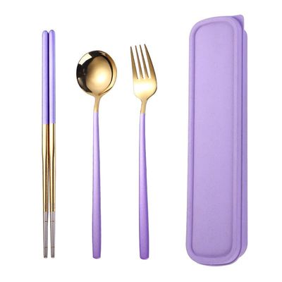 SEELLODGE Silverware Flatware Cutlery Set, 304 Stainless Steel Fork Round Spoon Chopsticks Convenient Set 3-piece Creative Student Office Worker Portable Tableware Gift(Purple Gold,4Set)
