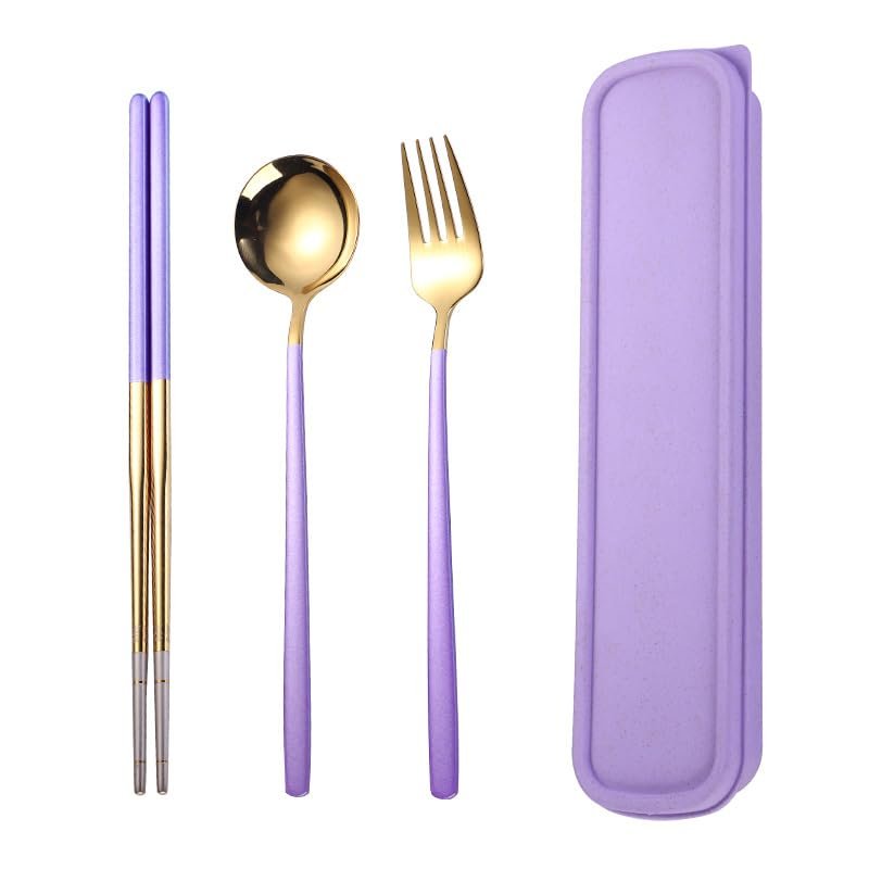 SEELLODGE Silverware Flatware Cutlery Set, 304 Stainless Steel Fork Round Spoon Chopsticks Convenient Set 3-piece Creative Student Office Worker Portable Tableware Gift(Purple Gold,4Set)
