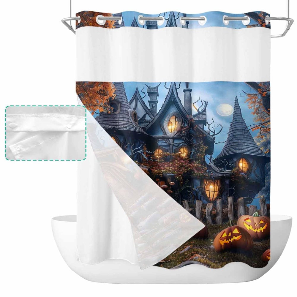 BOSIJOY No Hook Shower Curtain with Snap in Liner Set,Halloween Castle Pumpkin Ghost Waterproof Fabric Shower Curtains Spooky Haunted House Tree Double Layer Bath Curtain for Bathroom,36Wx78H