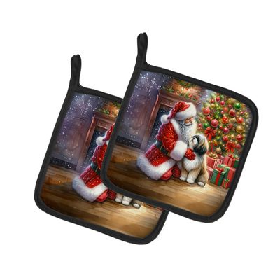 Caroline's Treasures Lhasa Apso and Santa Claus Pair of Pot Holders Kitchen Heat Resistant Pot Holders Sets Oven Hot Pads for Cooking Baking BBQ, 7 1/2 x 7 1/2