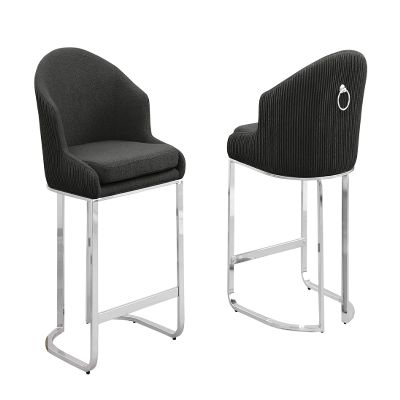 Modern Teddy Fabric Bar Stool with Silver Chrome Iron Base - Black - Stylish Upholstered Stool with Ribbed Backrest and Ring Handle - Perfect for Living Room, Dining Room, or Office