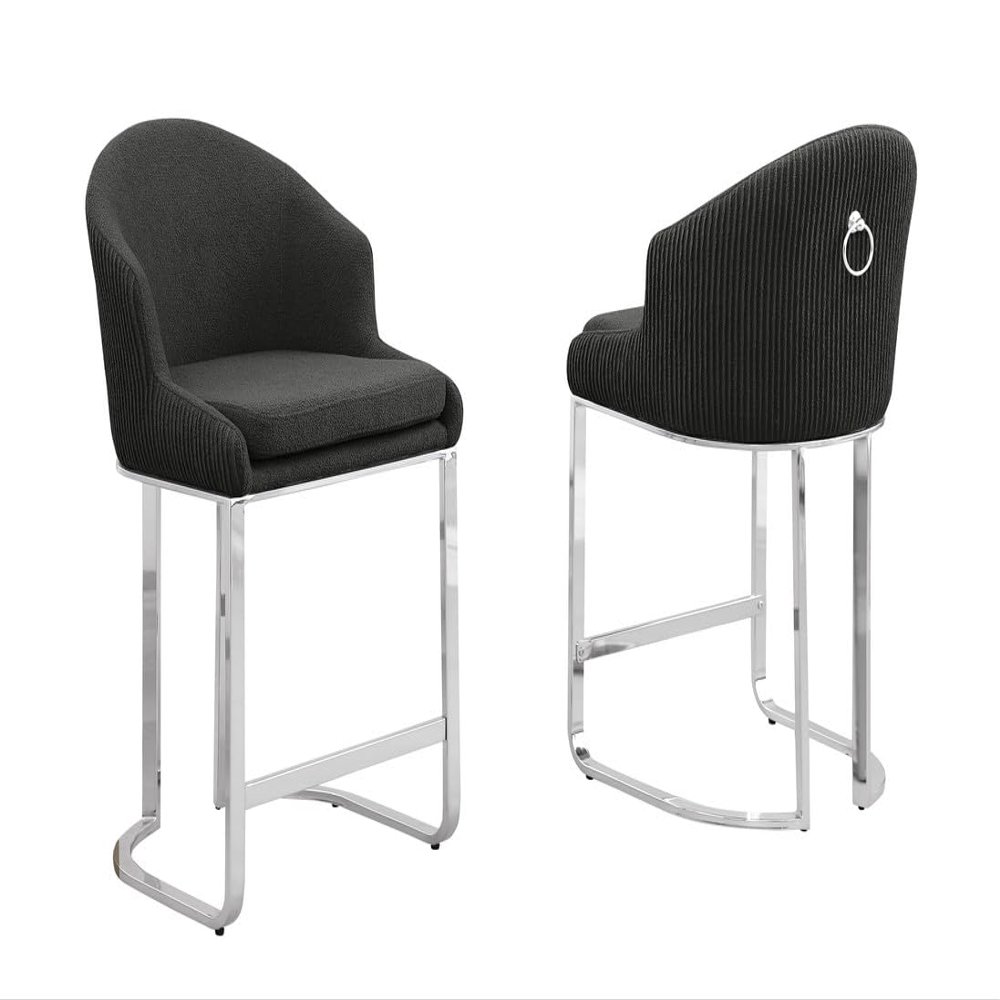 Modern Teddy Fabric Bar Stool with Silver Chrome Iron Base - Black - Stylish Upholstered Stool with Ribbed Backrest and Ring Handle - Perfect for Living Room, Dining Room, or Office