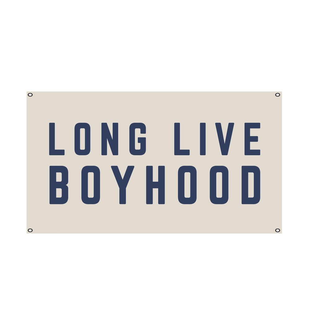 Long Live Boyhood Canvas Wall Tapestry, Unbleached, Lightweight, Handmade in Hartwell, GA, with Grommets (Large 48"x30", Natural/Navy)