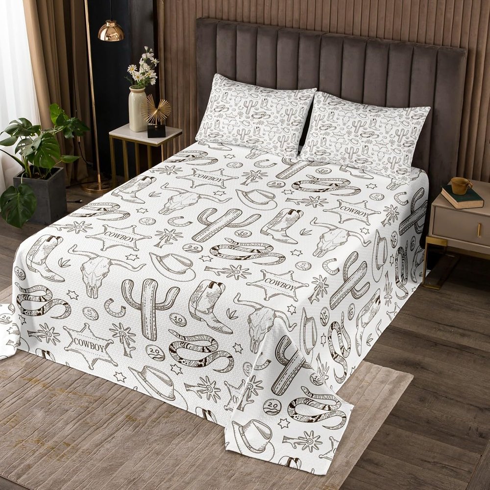 Western Cowboy Bedspread Twin Size,Cactus Snake Cowboy Boots Hat Rutsic Coverlet Set,Boys Girls Men Room Decor,Cow Skull Horseshoes Farmhouse Quilted Coverlet,Retro Bedding Quilt,1 Pillowcase