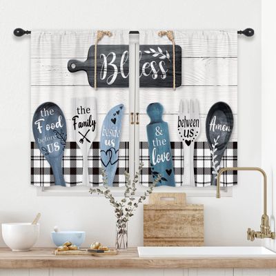Riyidecor Blue Rustic Kitchen Curtains Small Short Farmhouse Fork and Spoon Buffalo Plaid Vintage Wood Rod Pocket Funny Quotes Black White Bedroom Living Room Treatment Fabric 2 Panels 27.5Wx39H Inch