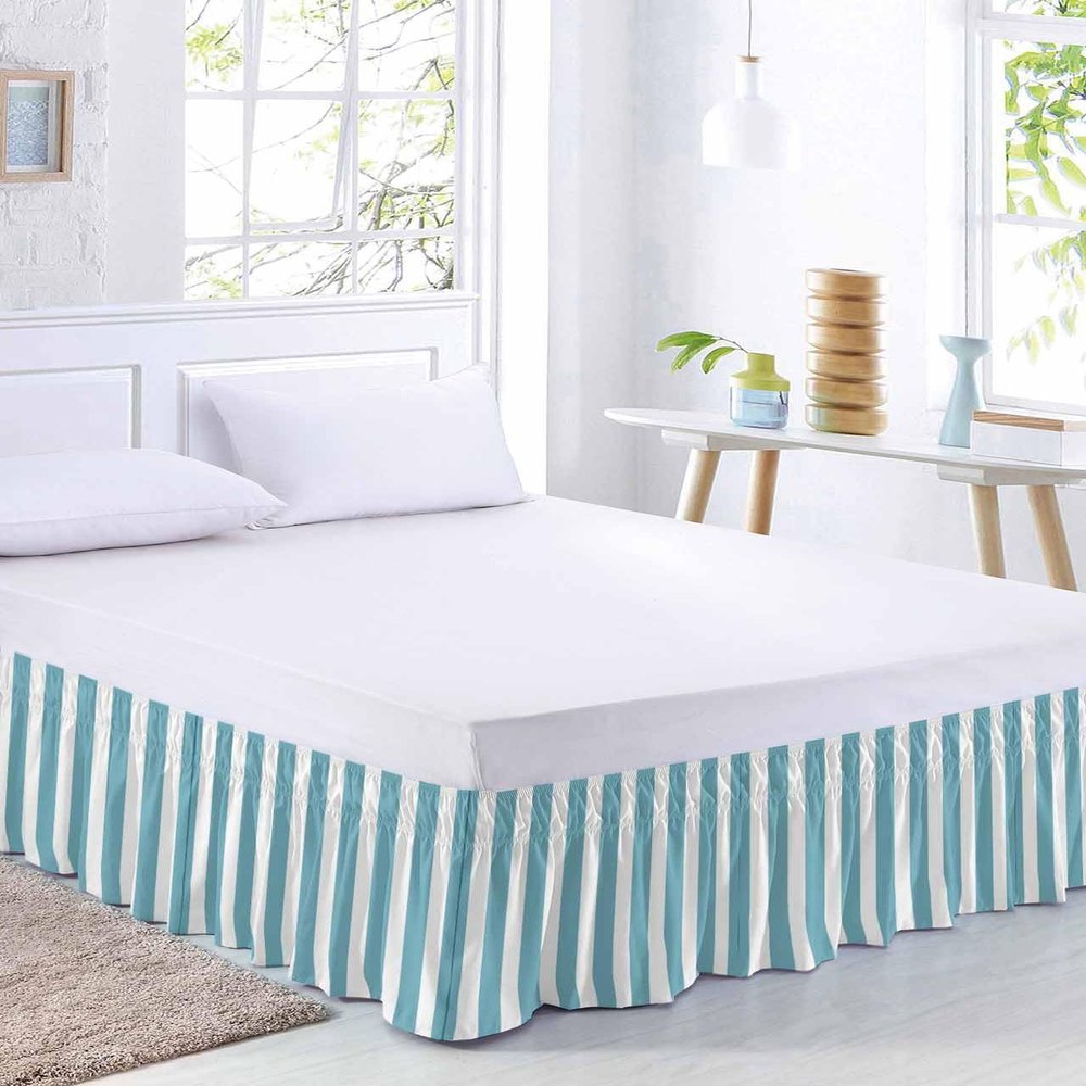 Aqua Stripe Bed Skirt King Size 18 Inch Drop,Boho Contemporary Minimalist Geometric White Adjustable & Elastic Wrap Around Bed Skirts Pleated Luxury Dust Ruffles for Twin Full Queen Cal King Base Bed