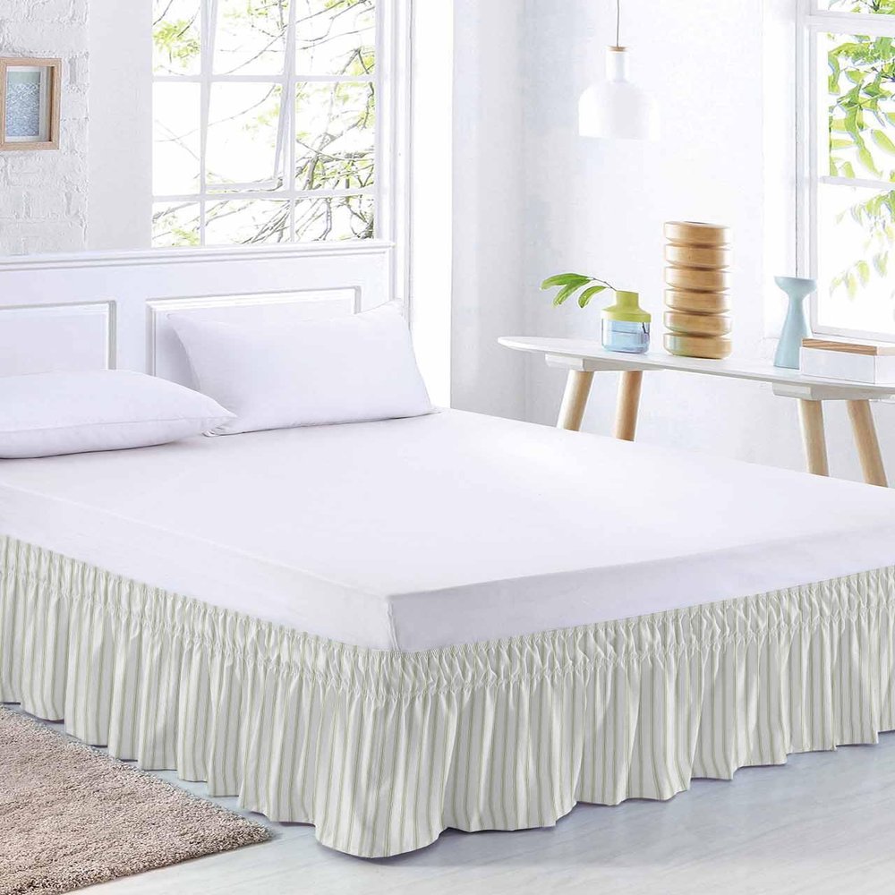 Sage Green Stripes Bed Skirt Queen Size 16 Inch Drop,Boho Minimalist Geometric Vertical Soild Dots Adjustable & Elastic Wrap Around Bed Skirts Pleated Luxury Dust Ruffles for Queen Cal King Base Bed